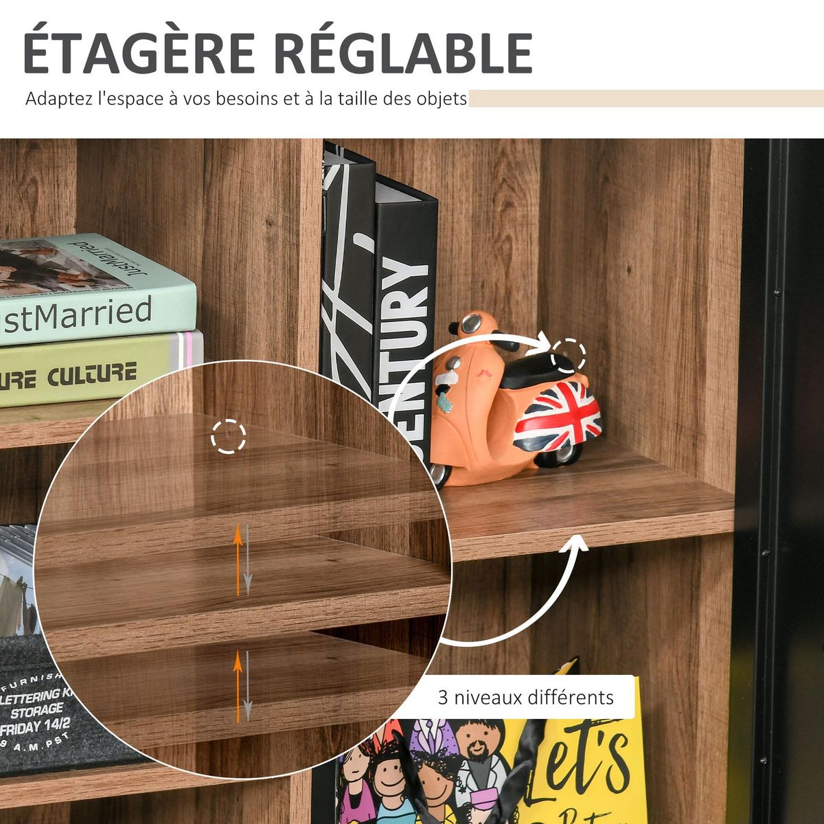 HOMCOM Buffet design industriel - meuble de rangement 3 niches placard - panneaux particules aspect bois veinage porte métal noir