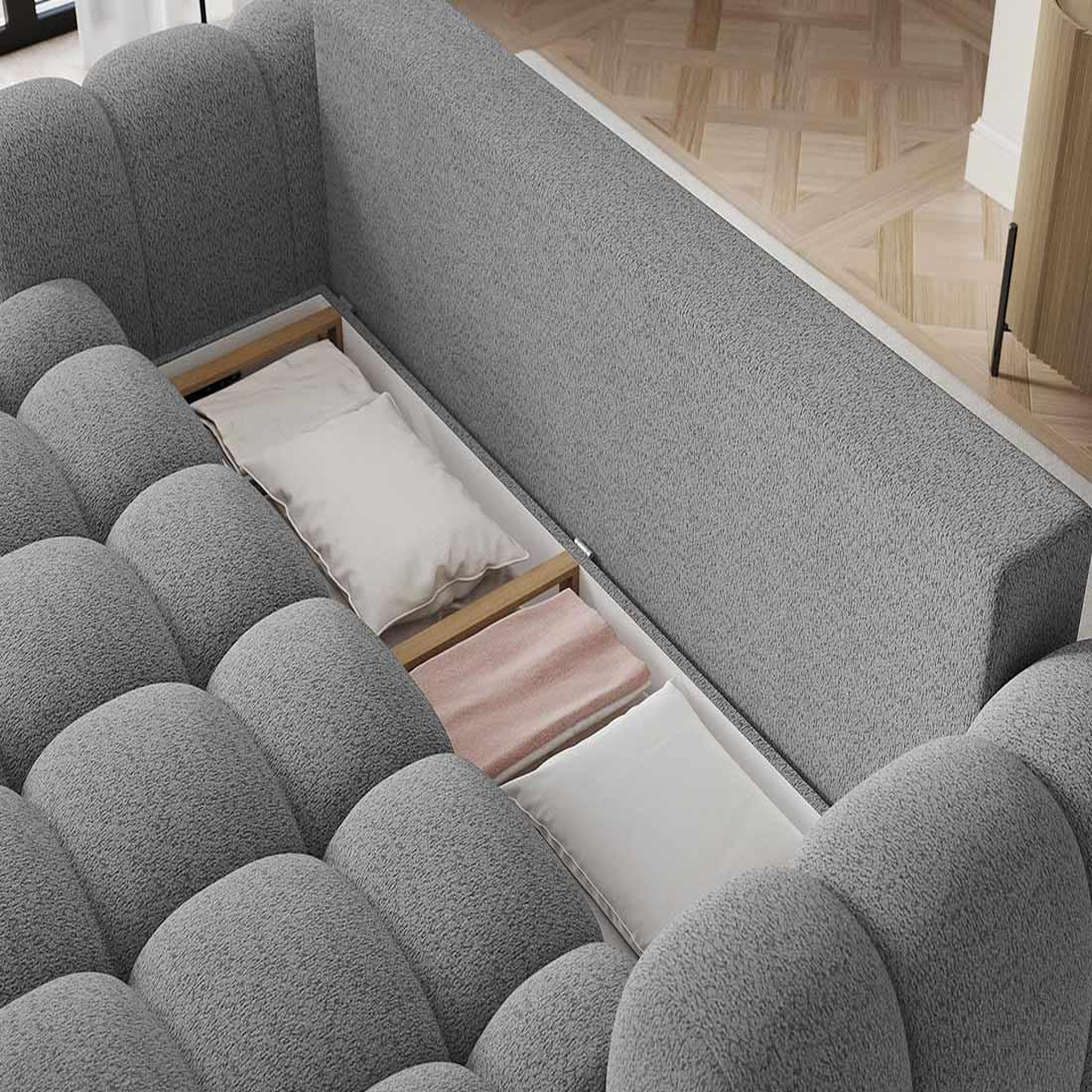 Voir la diapositive 3 : BEST MOBILIER Dorian - canapé droit 3 places convertible avec coffre en tissu bouclette