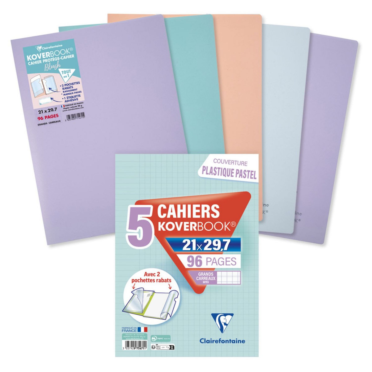 Clairefontaine 981402C - Schulheft / Heft Koverbook DIN A4 24x32 cm 48 Blatt 90g, französische Lineatur, Einband aus transparentem Polypropylen, robust, geheftet, Blau, 1 Stück