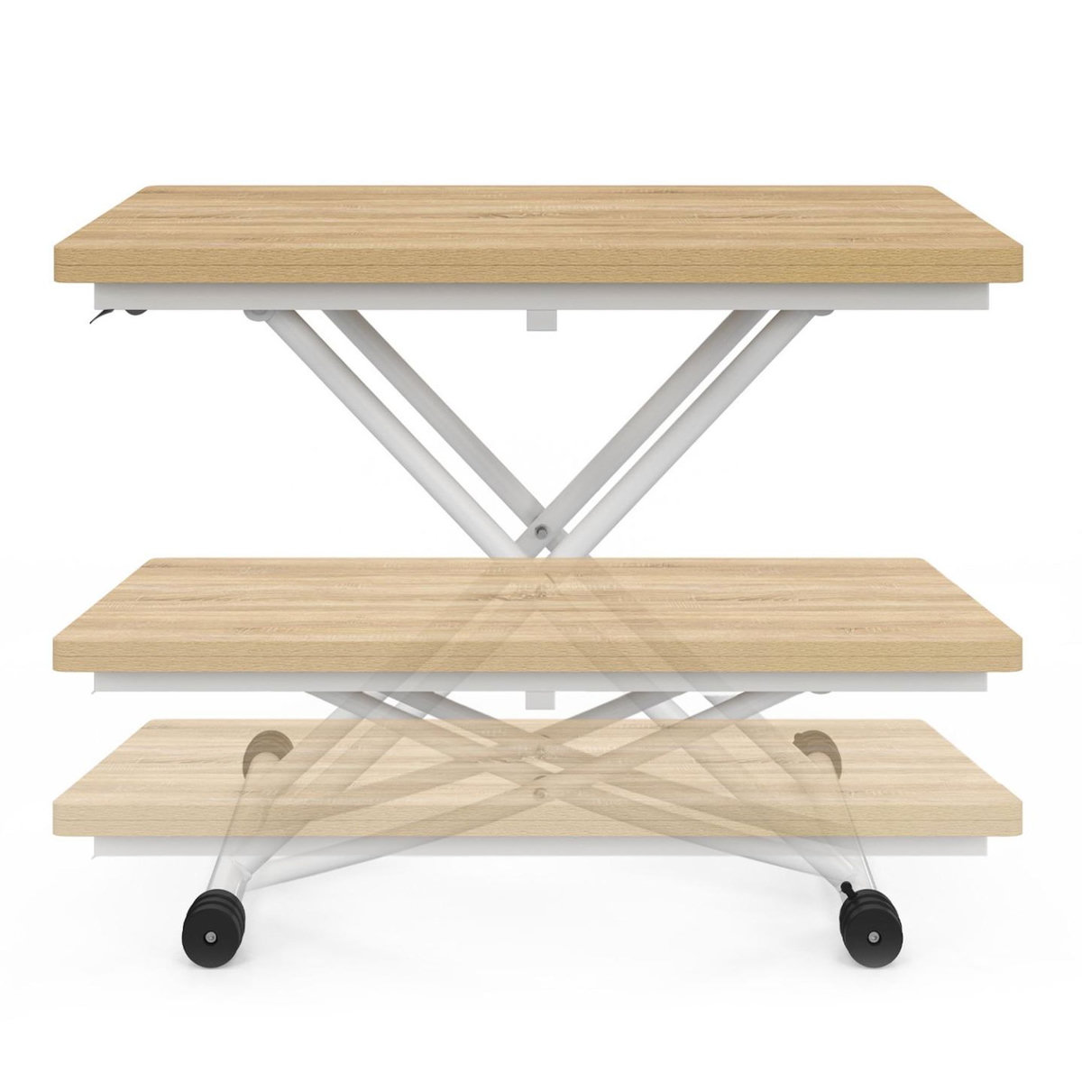 ID MARKET Table basse 2 en 1 relevable en table à manger rectangulaire URBANA 100 cm bois et blanc