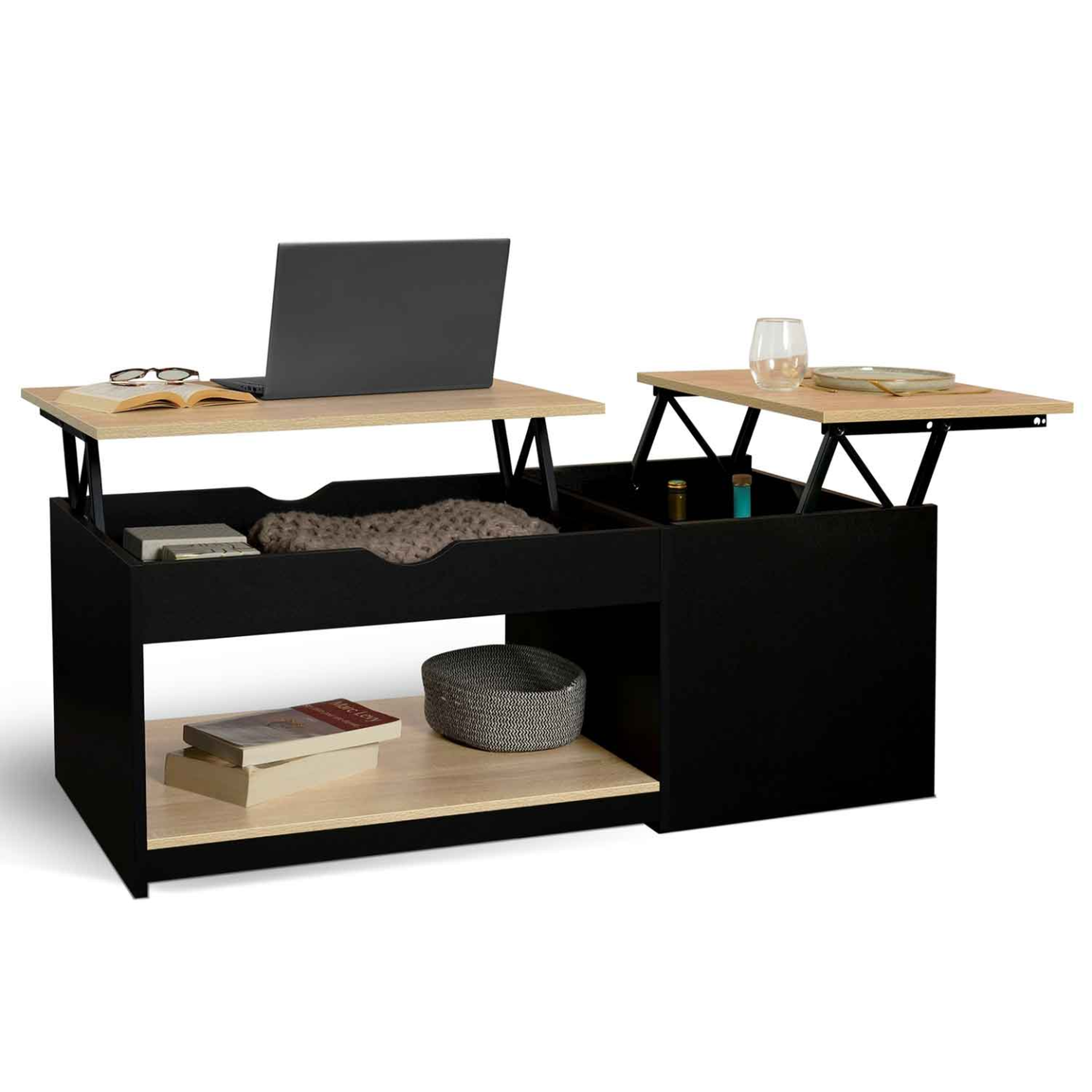 ID MARKET Table basse 2 plateaux relevables rectangulaire elea avec coffre bois noir et façon hêtre