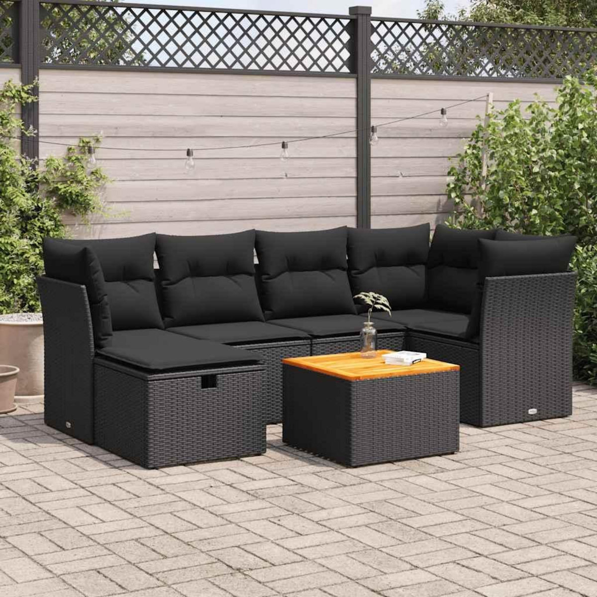 VIDAXL Salon de jardin 7 pcs avec coussins noir resine tressee