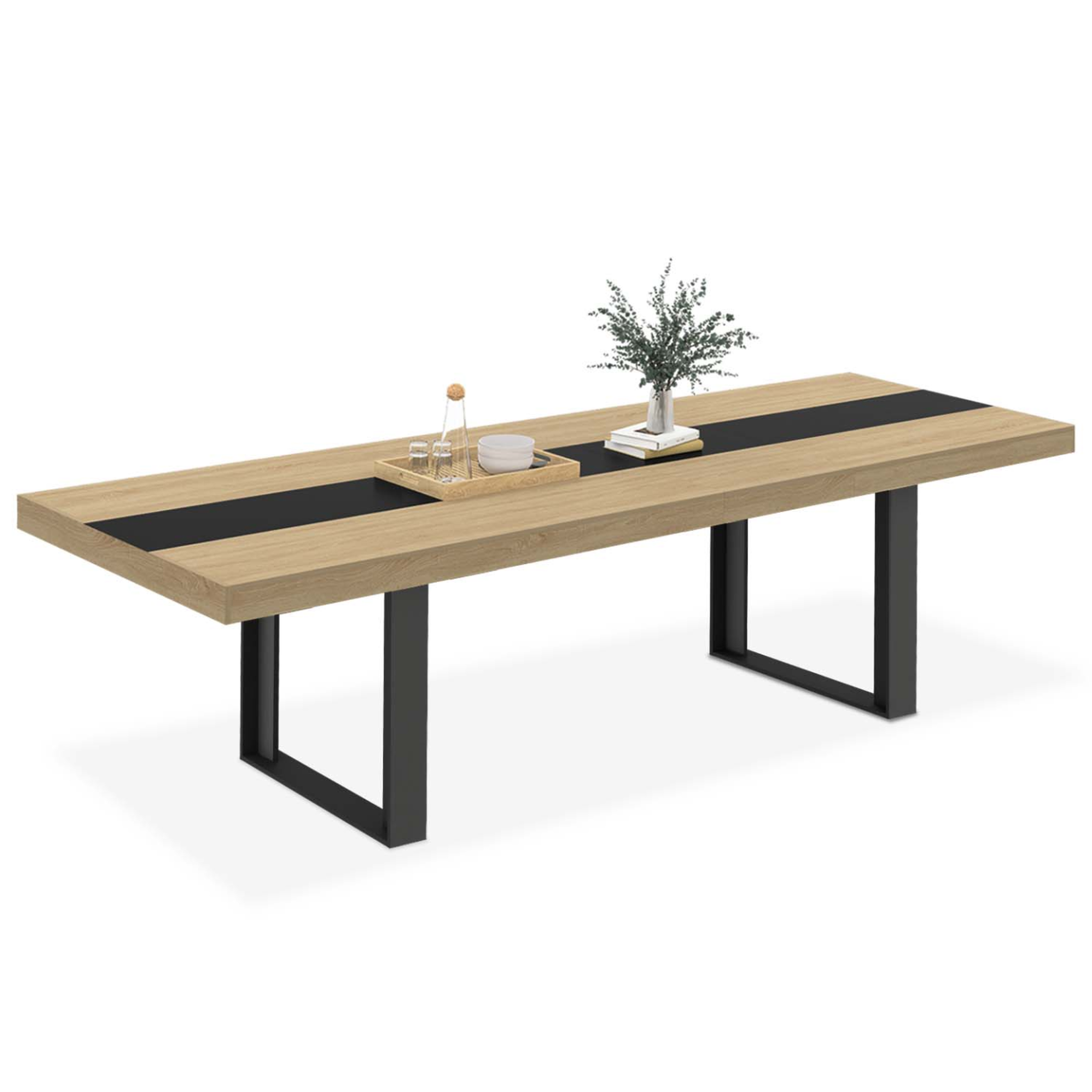 ID MARKET Table à manger extensible rectangle phoenix 6-12 personnes bois et noir bande centrale noire 200-300 cm