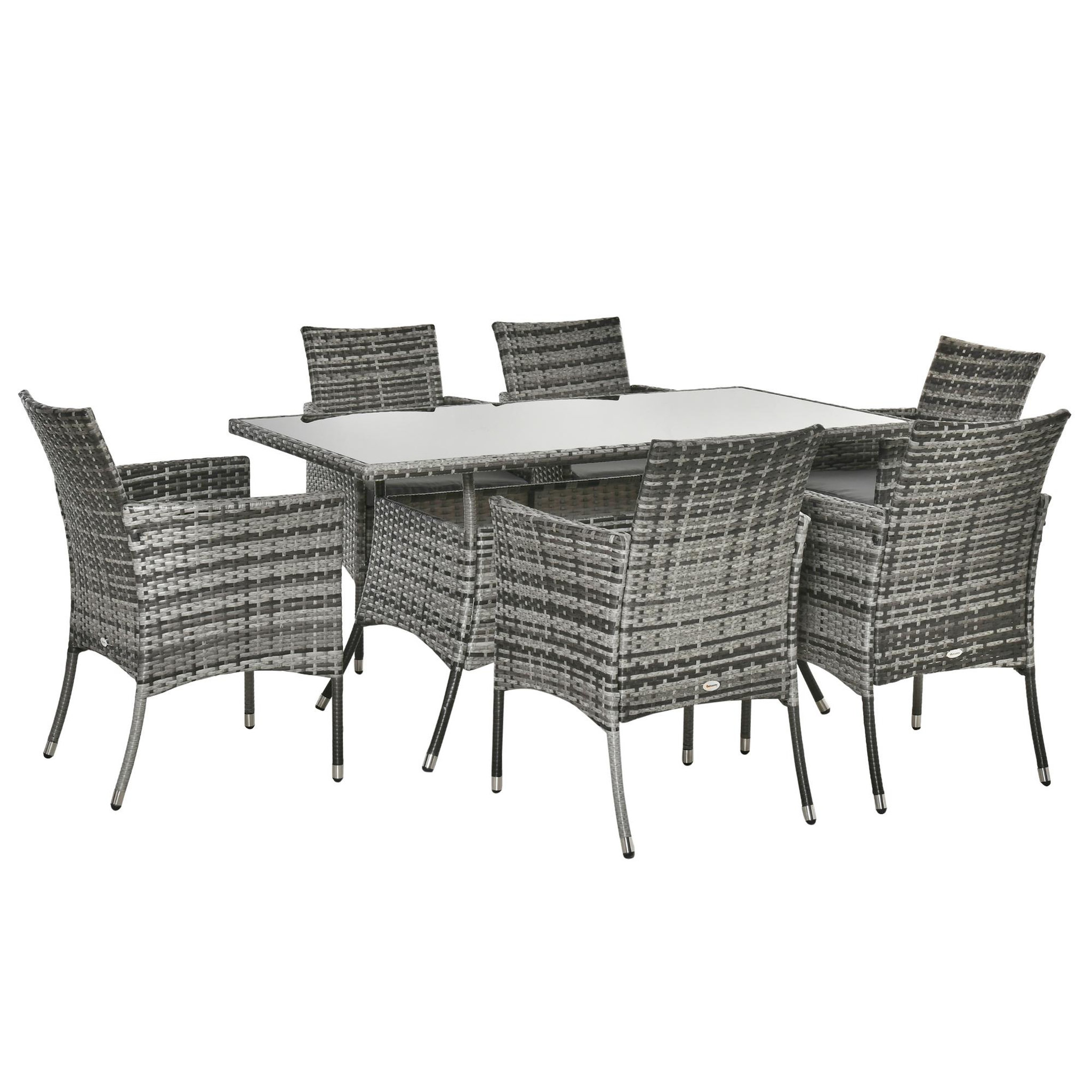 Voir la diapositive 1 : OUTSUNNY Outsunny Ensemble salon de jardin 6 personnes - grande table rectangulaire, 6 fauteuils - 6 coussins d'assise déhoussables inclus - métal époxy verre trempé 5 mm résine tressée grise