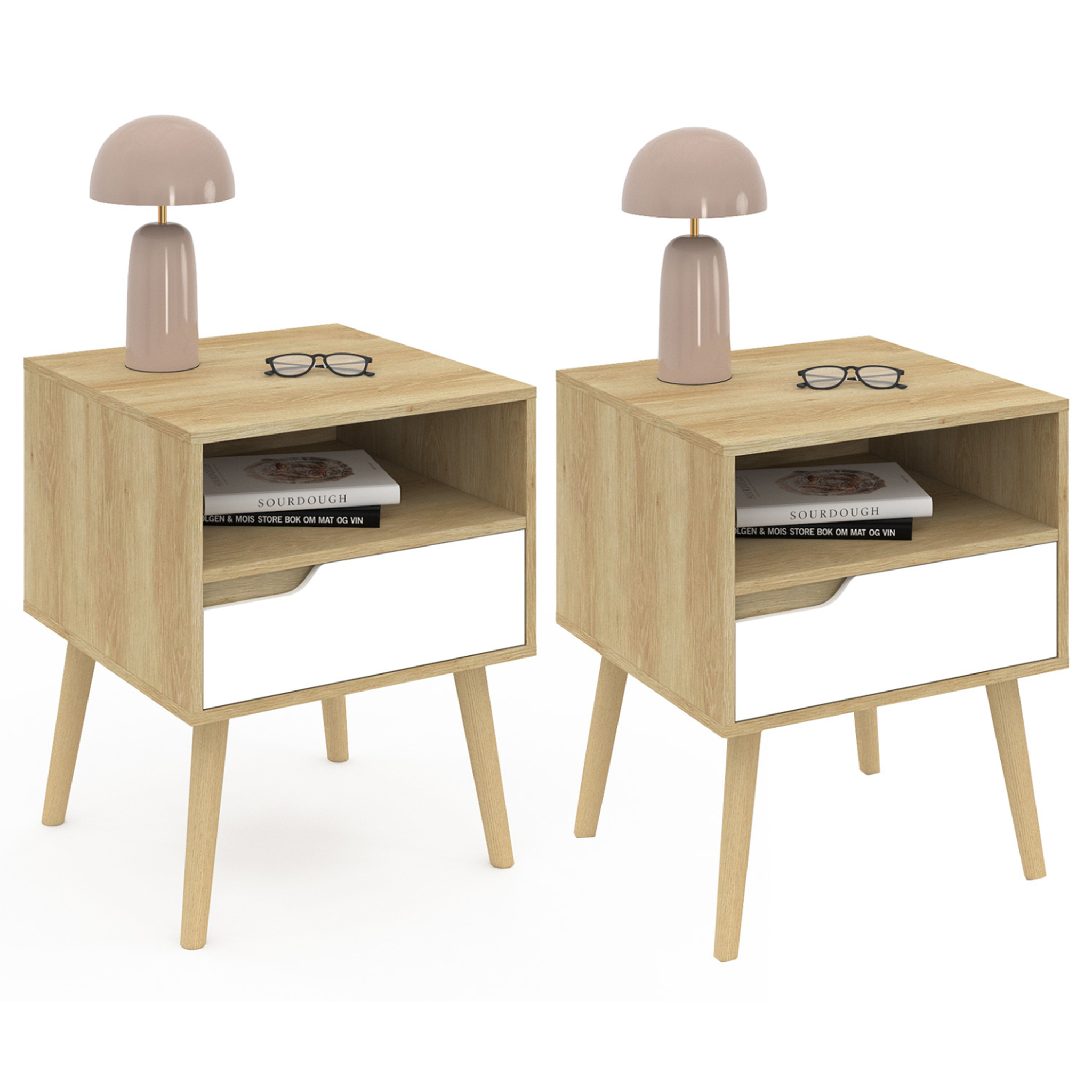 ID MARKET Lot de 2 tables de chevet HELSINKI scandinaves 1 tiroir avec niche effet hêtre et blanc