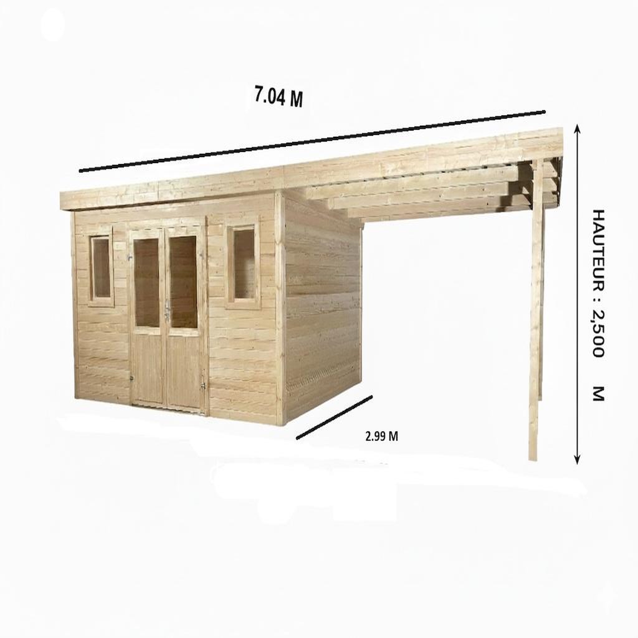 CENTRALE BRICO Abri de jardin bois avec terrasse 21,05 m² - madriers 28 mm - toit monopente acier - double porte vitrée + fenêtres