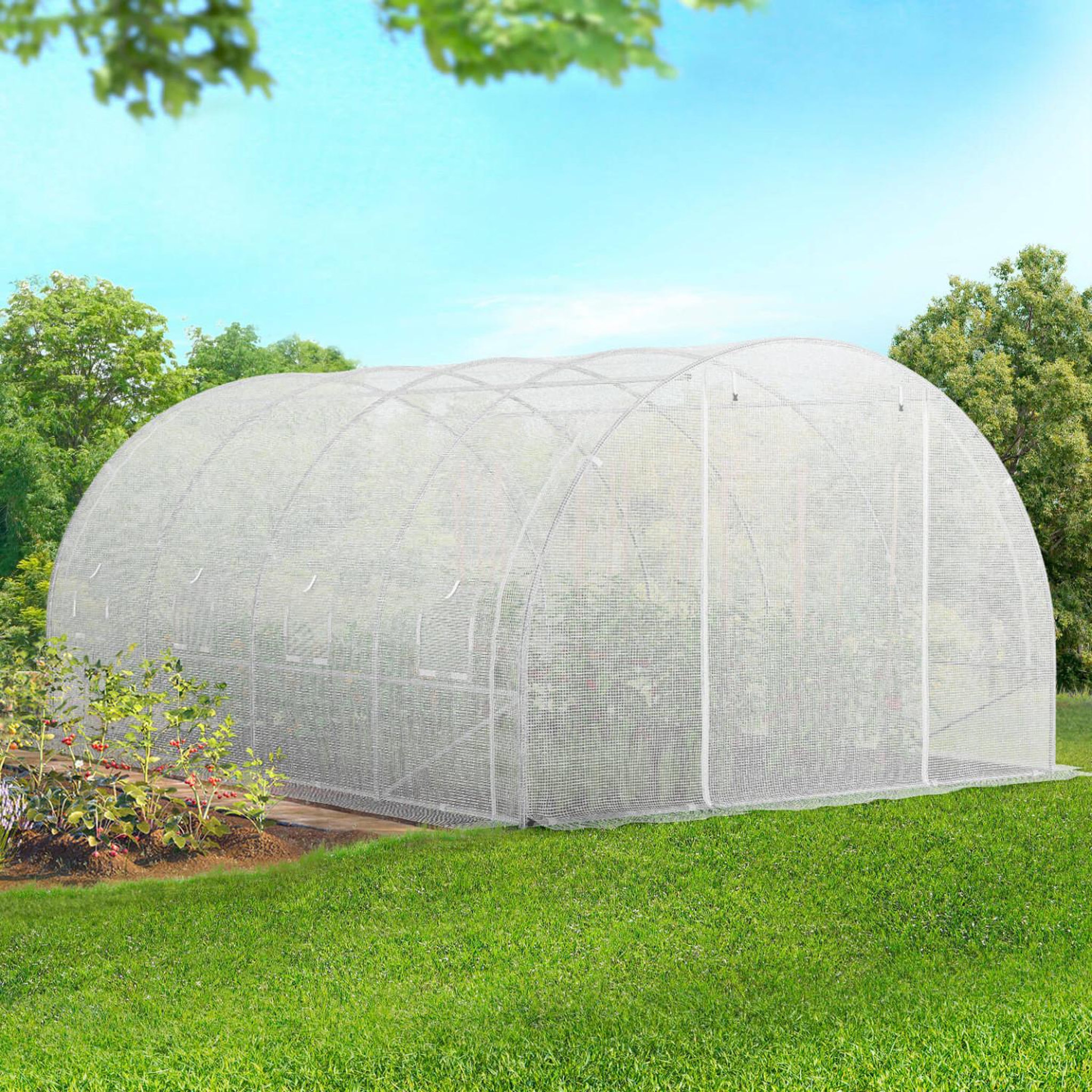 ID MARKET Bâche de rechange pour serre de jardin tunnel 12m² 4 x 3 x 2 m anti-UV avec porte et fenêtres ZEBRA blanche toutes saisons