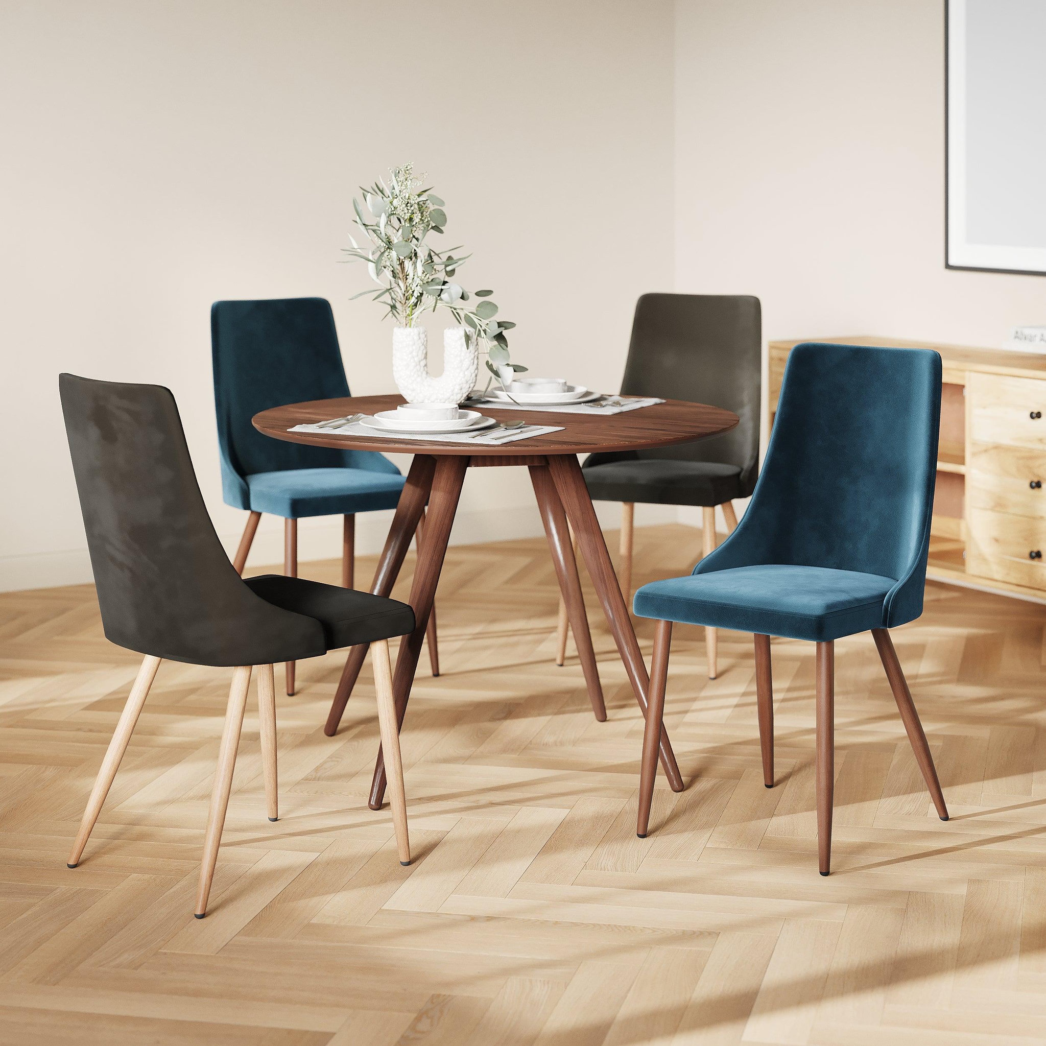 Voir la diapositive 5 : MAISON PAVANE Pack 4 chaises en velours gris et bleu-vinni