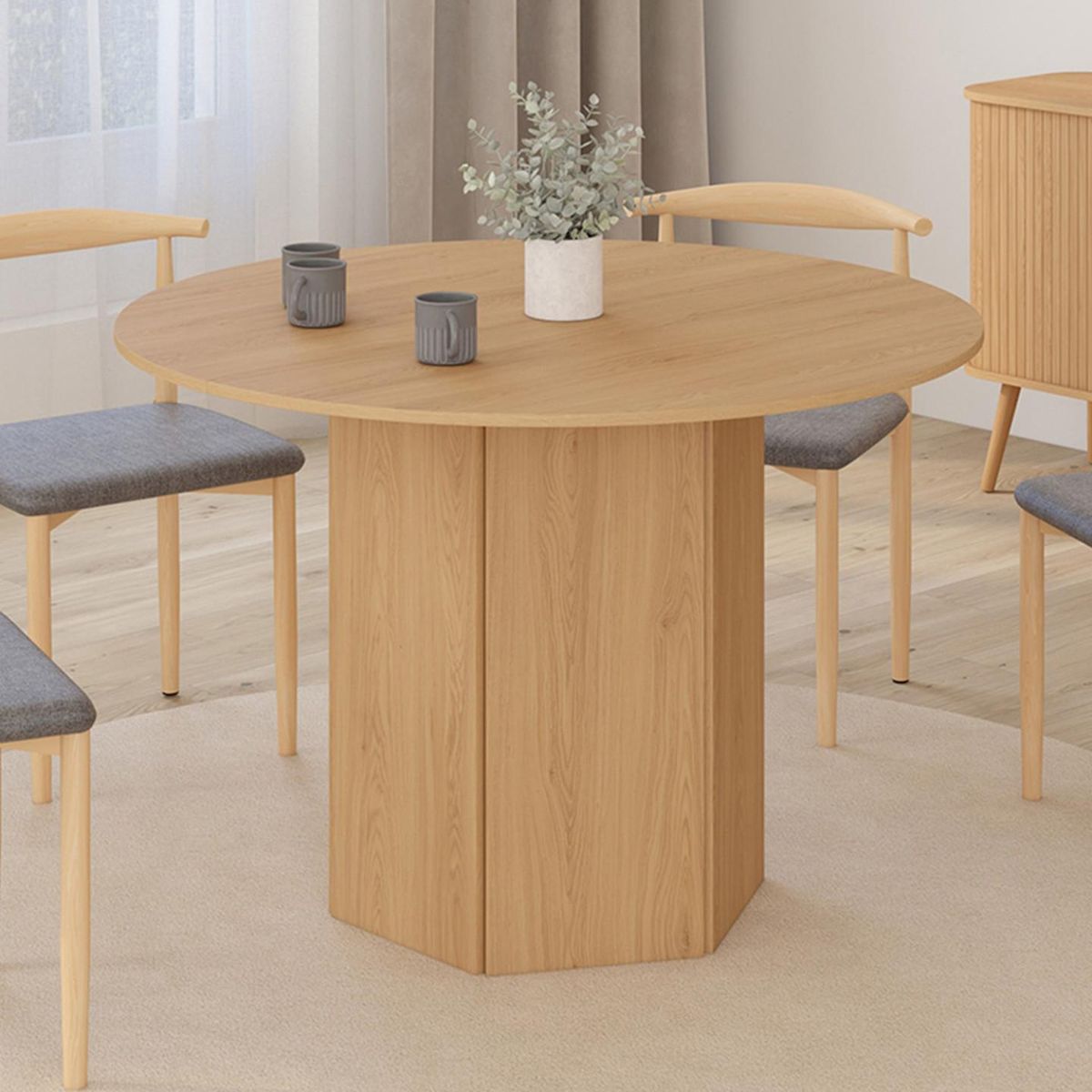 ID MARKET Table à manger ronde BERTHE 6 personnes pied hexagonal bois effet hêtre 110 cm