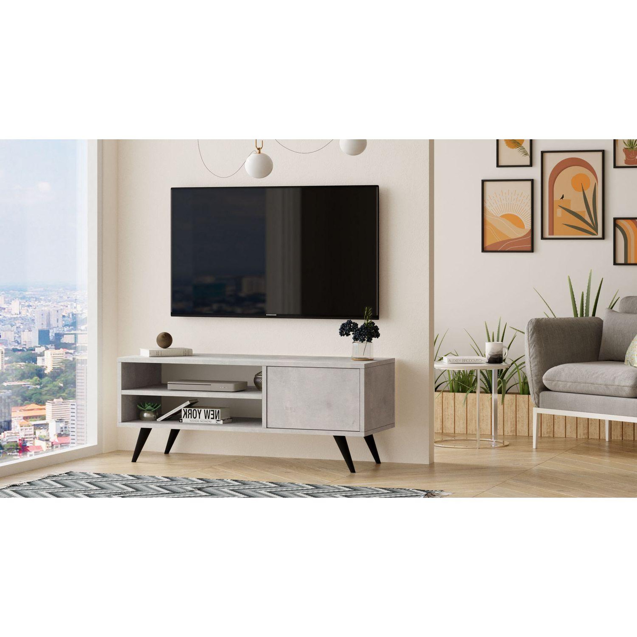 Voir la diapositive 6 : TOILINUX Meuble tv avec 2 niches de rangement ouvertes et une porte abattante en panneaux de particule