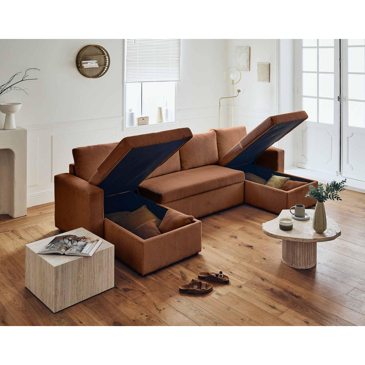 BEST MOBILIER Cyrus - canapé panoramique en u - 7 places - convertible avec coffre - en velours côtelé