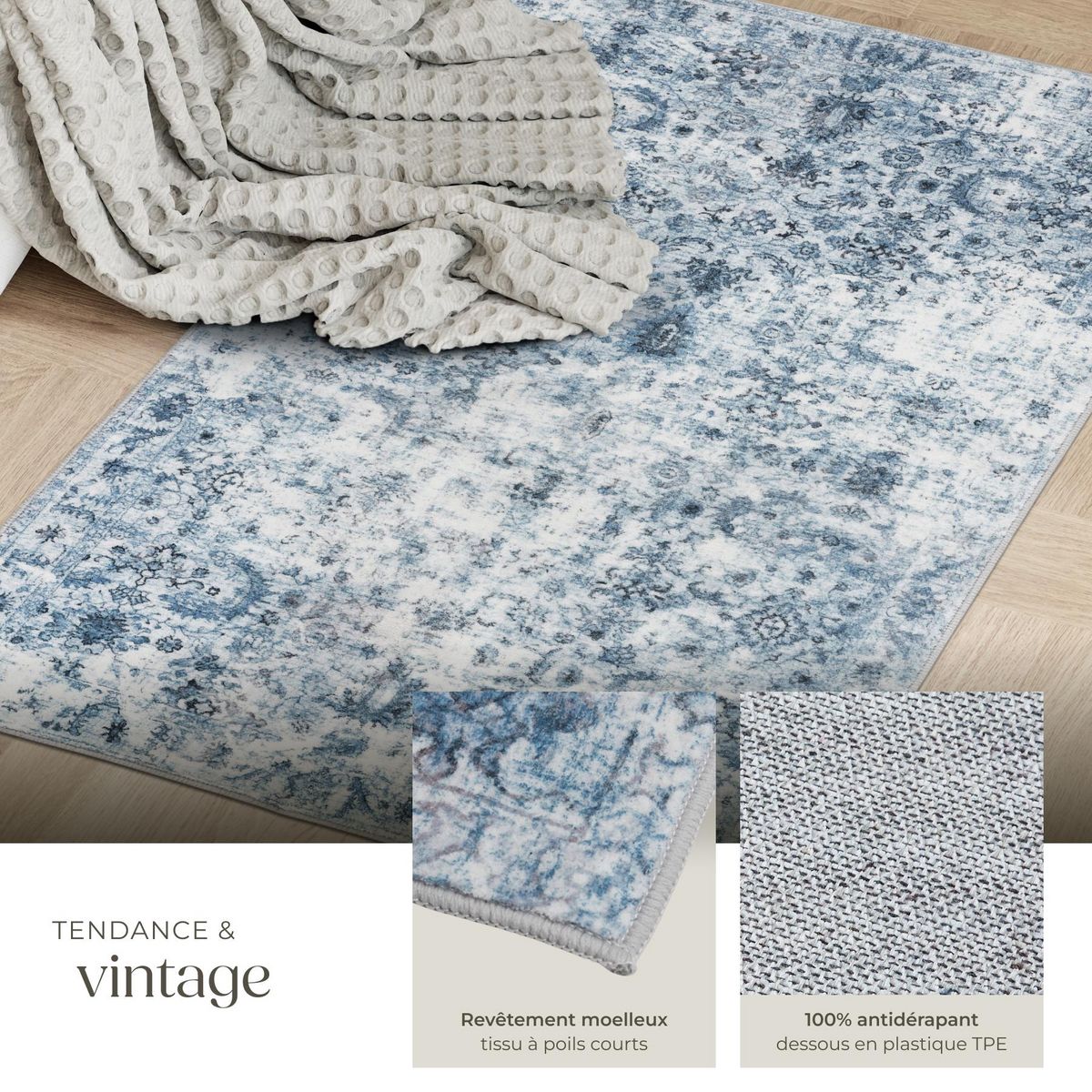 tectake Tapis vintage design à poils courts en laine synthétique et feutre bleu 60 x 110 cm