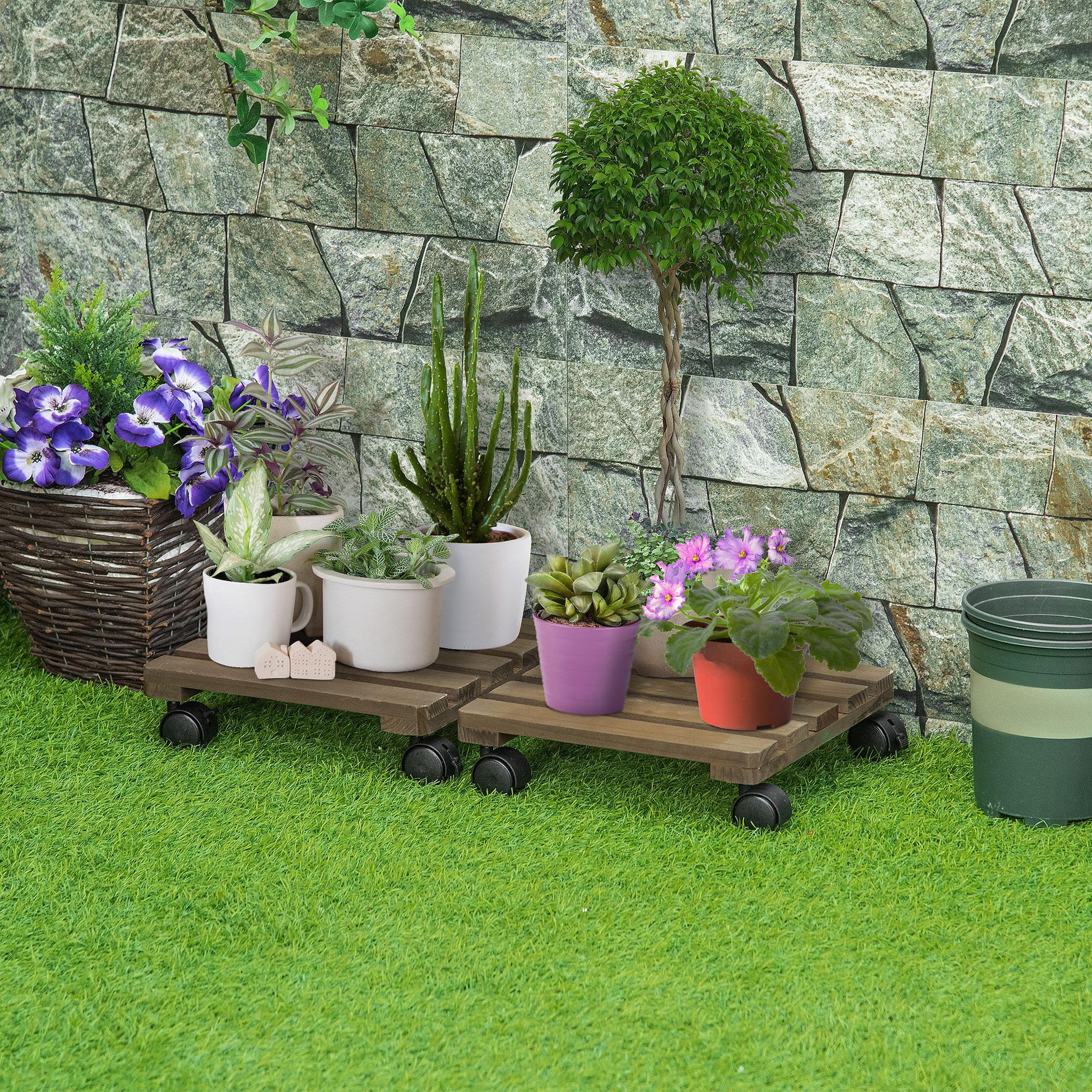 Voir la diapositive 4 : OUTSUNNY Porte plante à roulettes - support de pots de fleurs à roulettes - lot de 2 - bois sapin pré-huilé