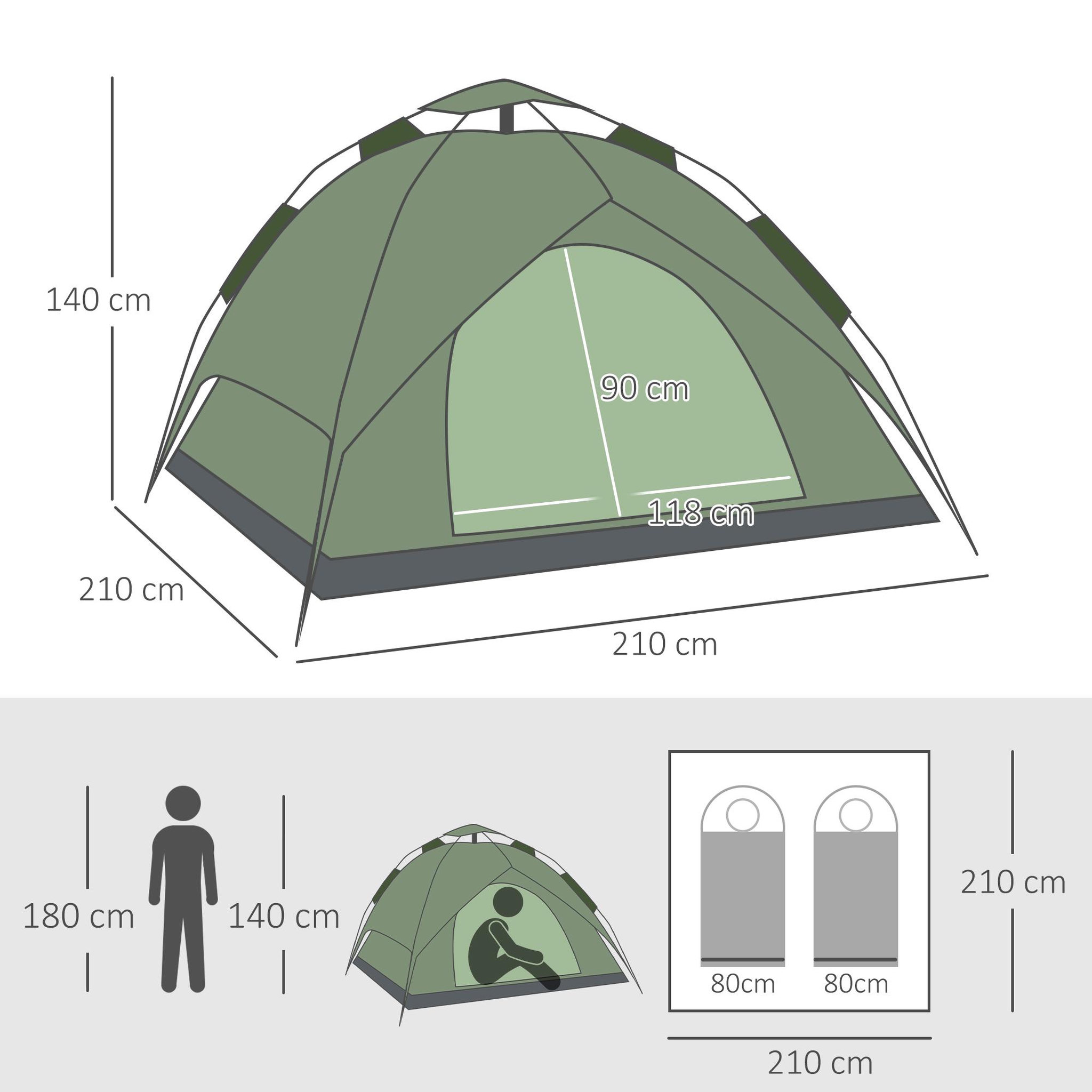 Voir la diapositive 3 : OUTSUNNY Tente de camping pop up 2-3 personnes 2 portes vert kaki montage démontage facile sac de transport inclus fibre verre polyester