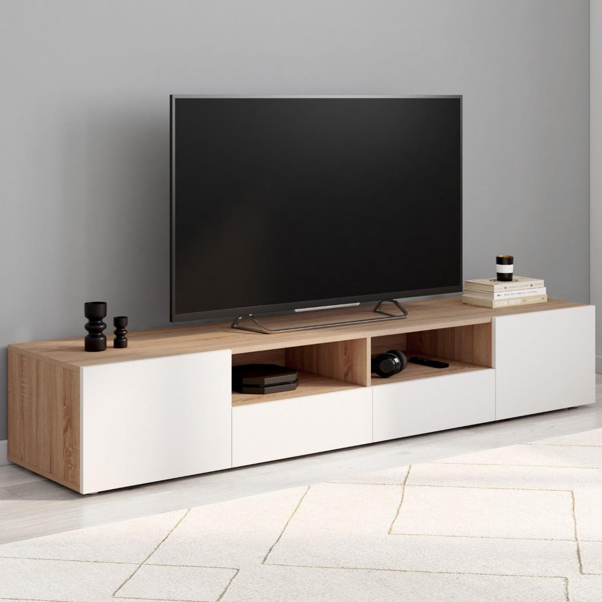 Voir la diapositive 2 : ID MARKET Meuble tv 180 cm eli bois façon hêtre portes blanches