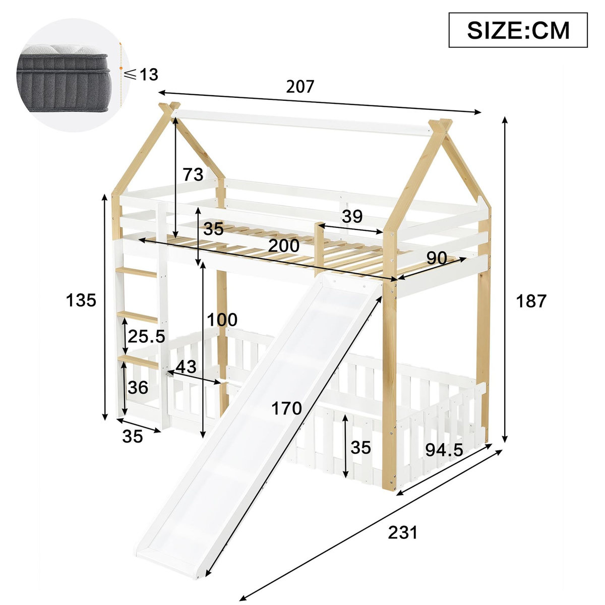 MERAX Lit superposé 90x200cm coloris blanc+naturel pin et mdf