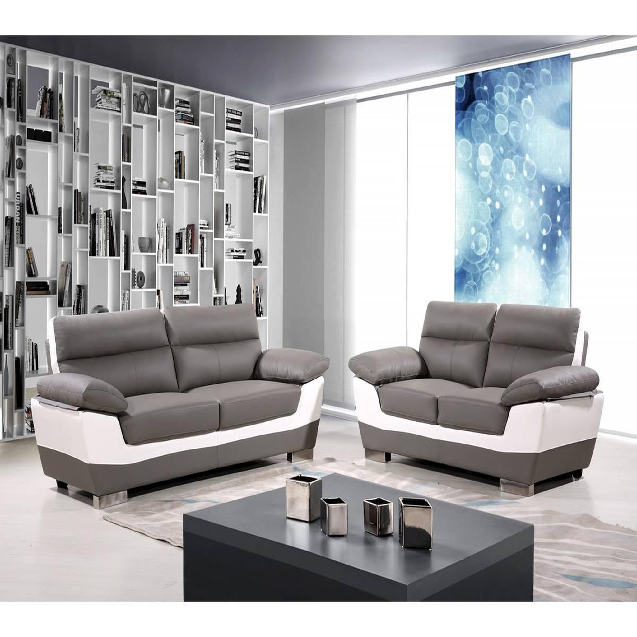 Voir la diapositive 2 : Habitat et Jardin Canapé fixe en cuir reconstitué et pvc   dallas  - 169 x 88 x 90 cm - 2 places - gris/blanc