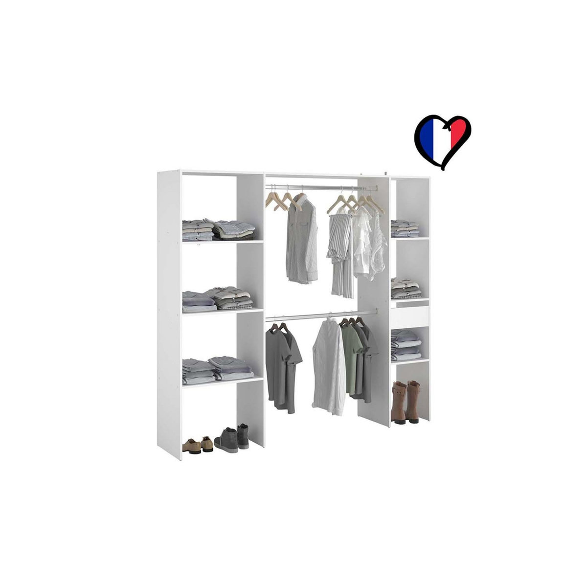 CONCEPT USINE Dressing blanc 6 étagères, 1 tiroir, 2 penderies 198 x 40 x 180 cm ELYSEE