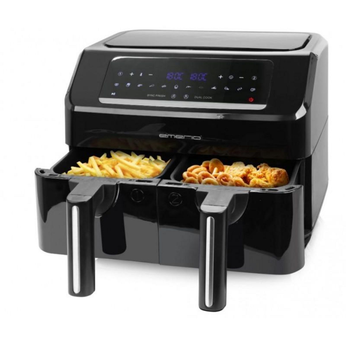 EMERIO Emerio - Friteuse Sans Huile 7,2l - Double Bac - Minuteur - Thermostat Réglable - Réservoir Amovible - Cool Touch - Noir