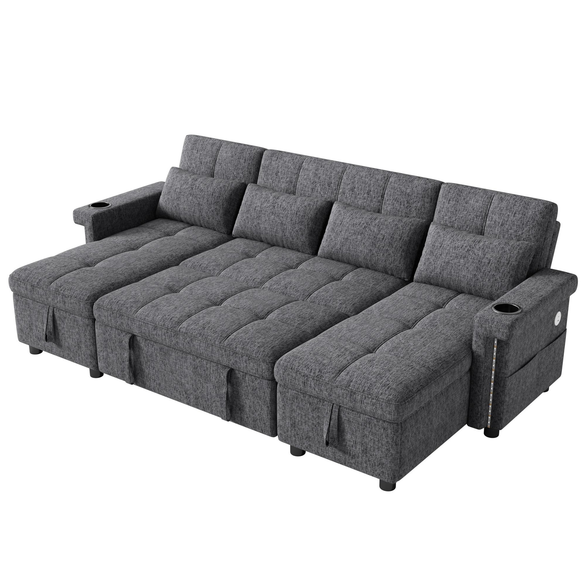 Voir la diapositive 1 : MERAX Canapé d'angle u convertible 4 places avec dossier réglable led usb type-c tissu chenille