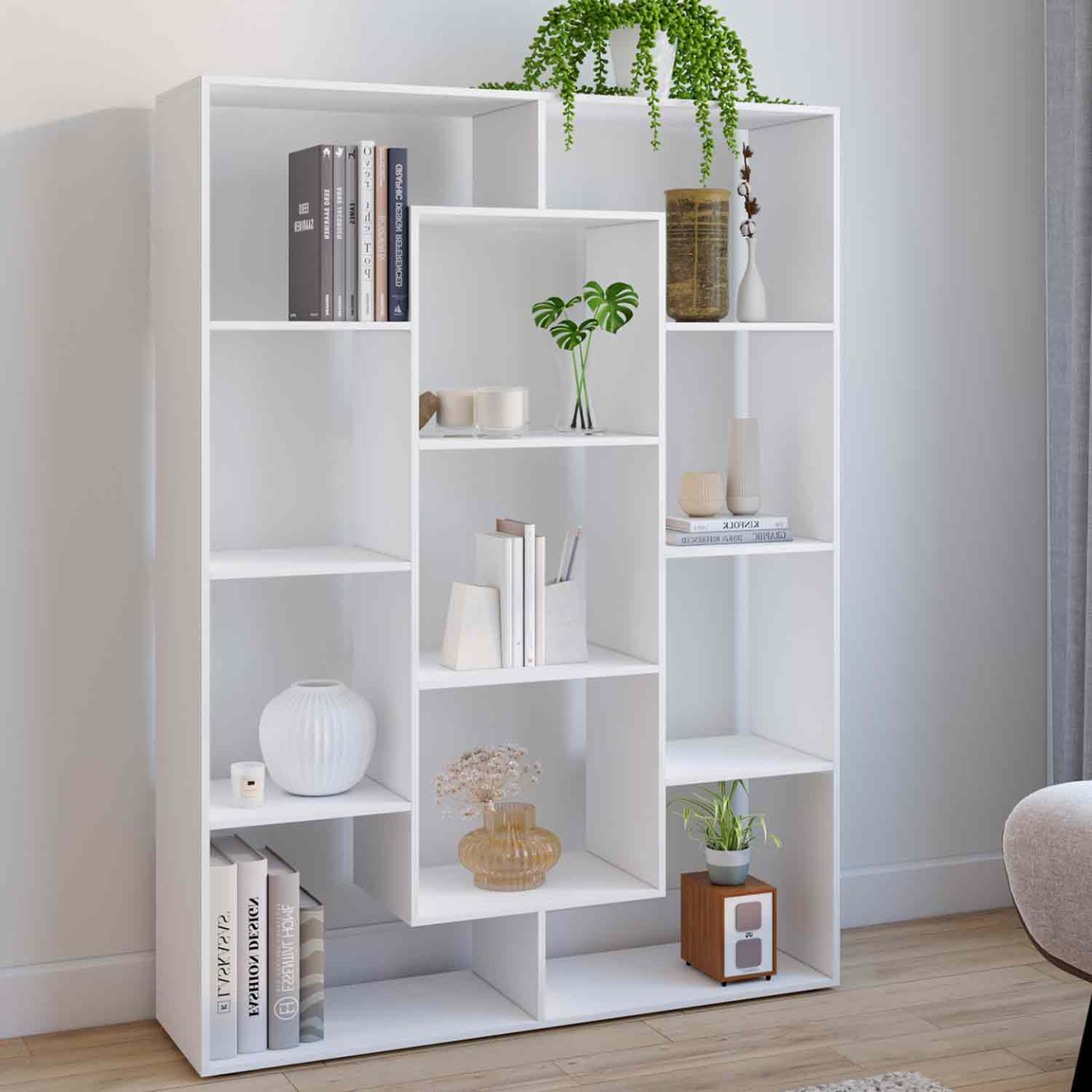 Voir la diapositive 2 : ID MARKET Etagère bibliothèque colette avec 11 compartiments blanc 143 cm
