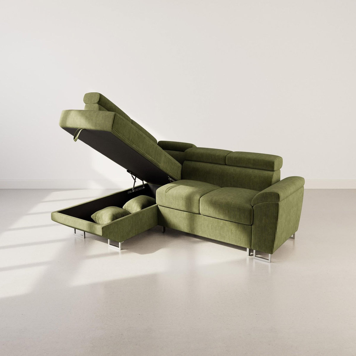 BEST MOBILIER Baoji - canapé d'angle gauche 5 places convertible avec têtières et coffre en velours côtelé