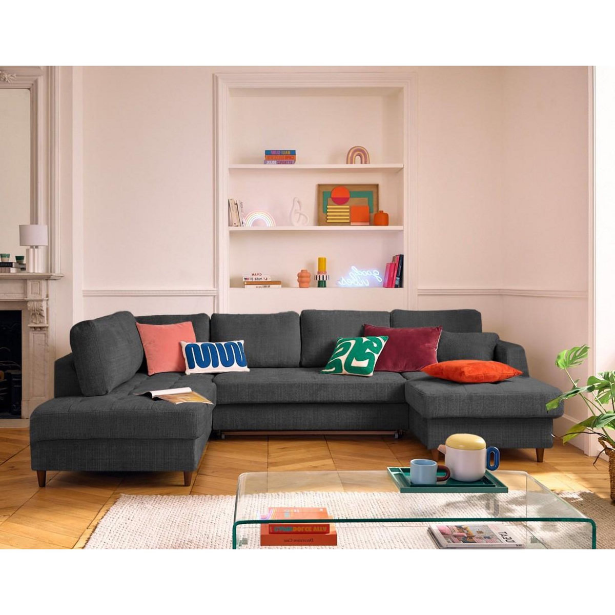 LISA DESIGN Anna - canapé panoramique d'angle gauche 7 places convertible avec coffre en velours texturé