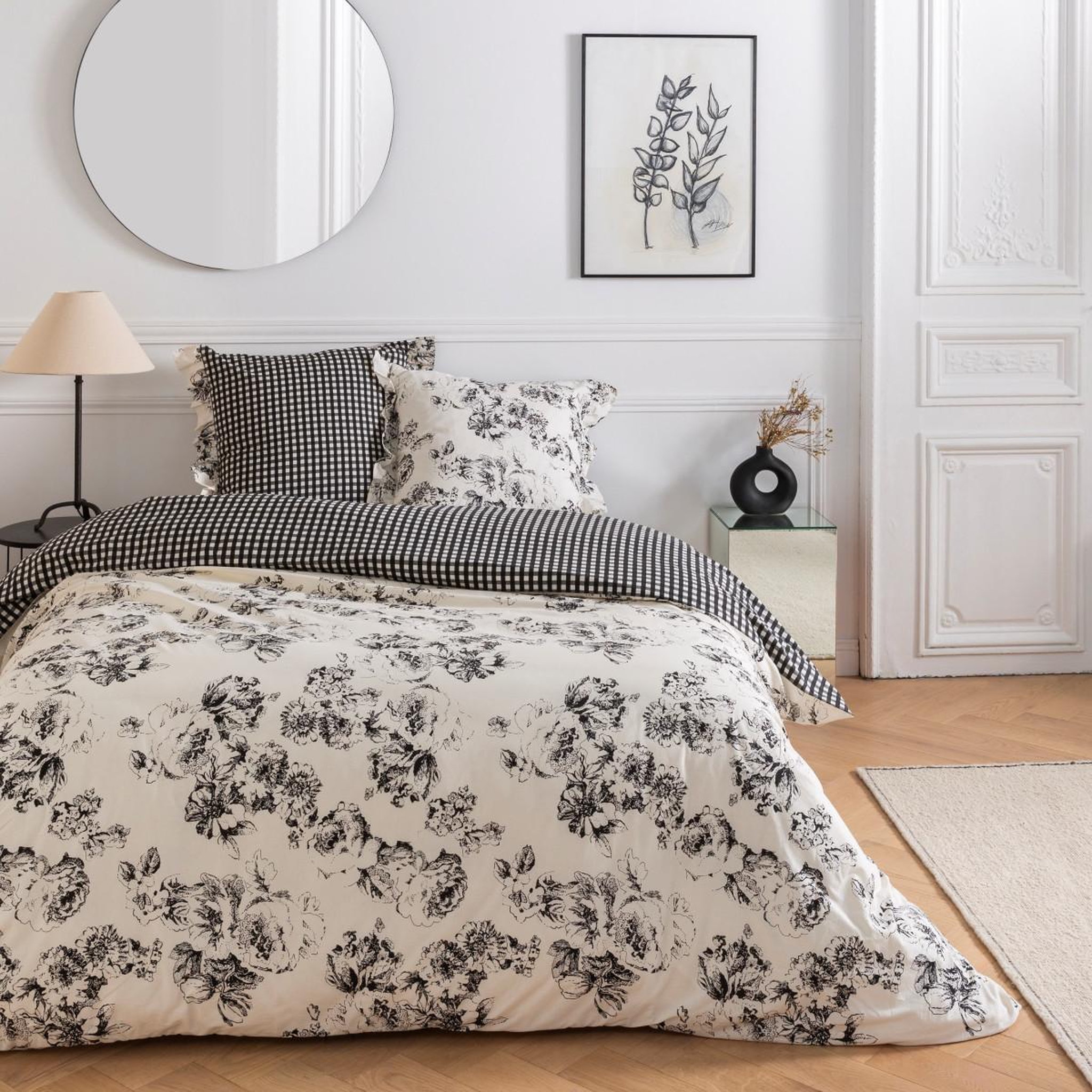 FUTURE HOME Parure de lit 2 personnes en coton 57 fils imprimé ecru. Coloris disponibles : Beige