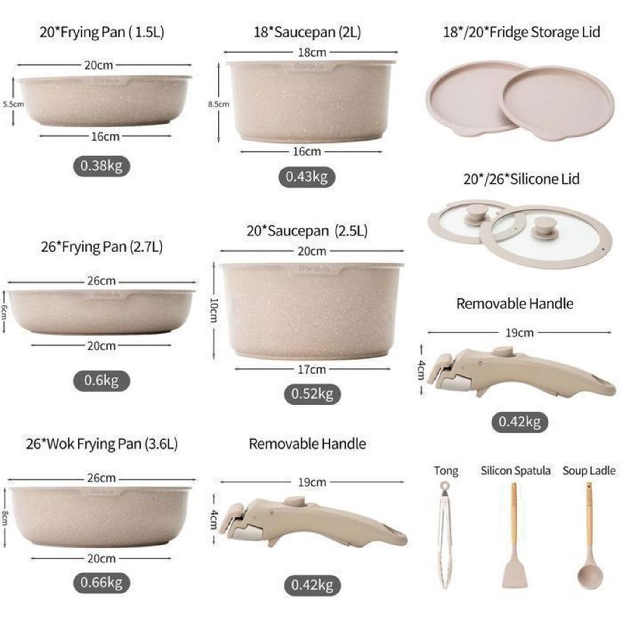 Voir la diapositive 2 : Coffret batterie de cuisine antiadhésive 14 pièces BOREINE en aluminium moulé brun, poignées amovibles, couvercles silicone, induction et gaz, allant au four 250°C
