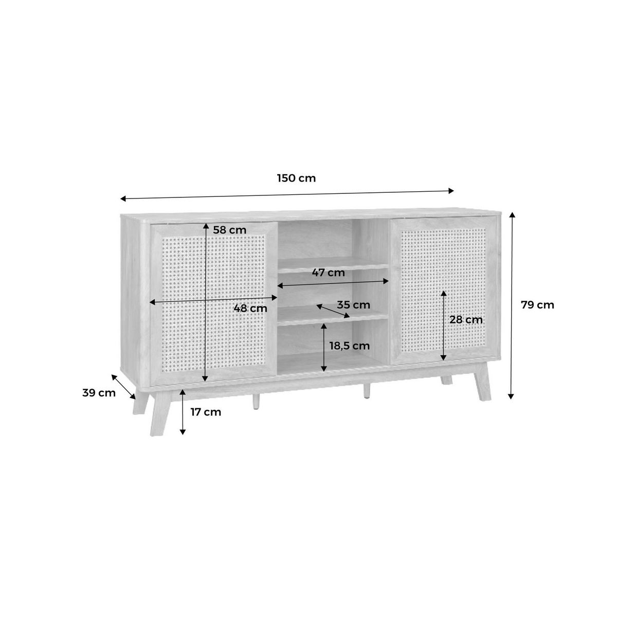 SWEEEK Buffet avec 2 portes coulissantes et étagères. effet bois et détails cannage. buffet bas. 150cm