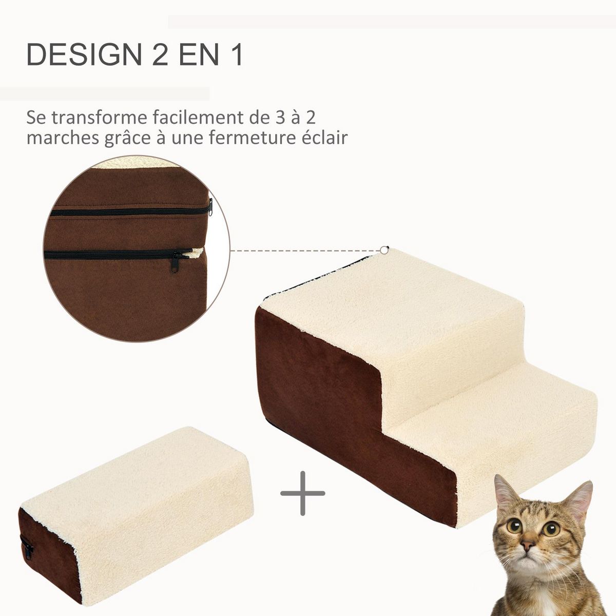 PAWHUT Escalier pour chien animaux rampe 2/3 marches déhoussable dim. 54L x 40l x 39H cm mousse haute densité tissu peluche courte marron crème