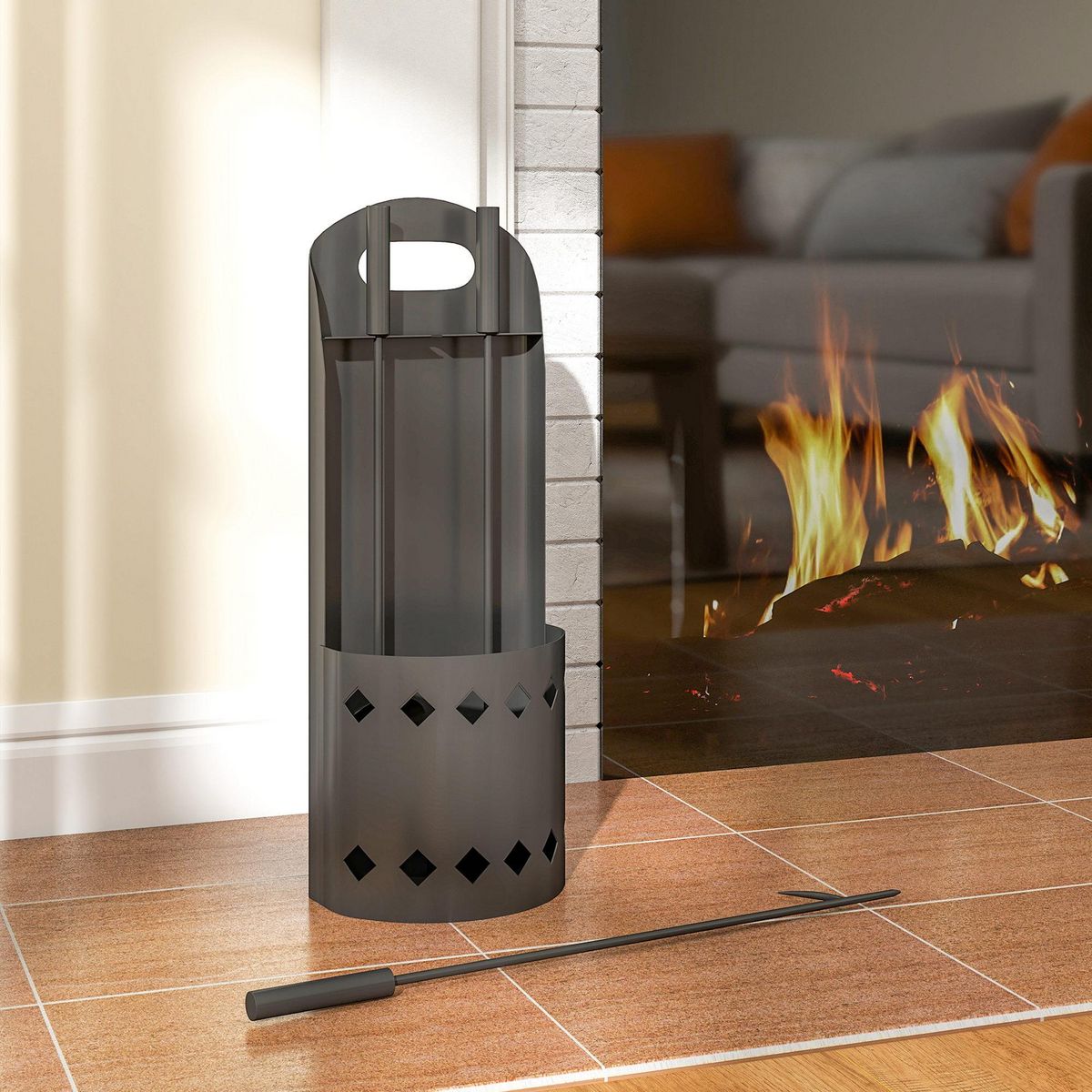 OUTSUNNY Ensemble serviteur de cheminée 4 pièces en métal - brosse, pelle, tisonnier - panier avec poignée inclus noir