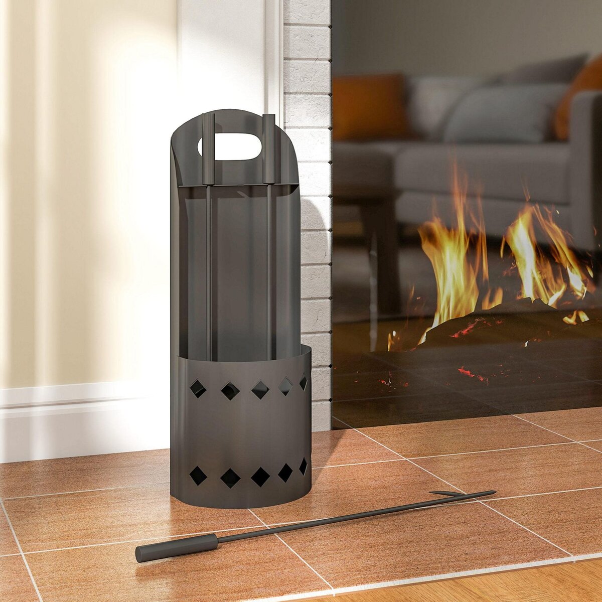 OUTSUNNY Ensemble serviteur de cheminée 4 pièces en métal - brosse, pelle, tisonnier - panier avec poignée inclus noir