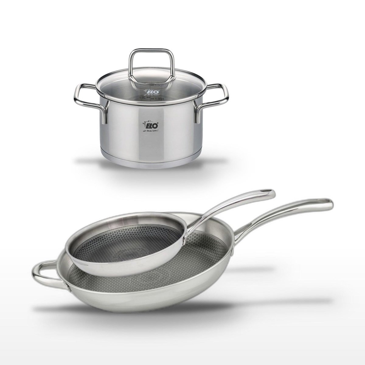 ELO Lot Poêle 28cm & Poêle 32cm en inox Elo Relief Evolution avec Faitout 20cm