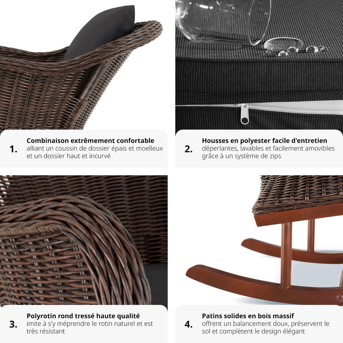 tectake Fauteuil à bascule en rotin tressage à l'aspect naturel avec cadre en aluminium marron