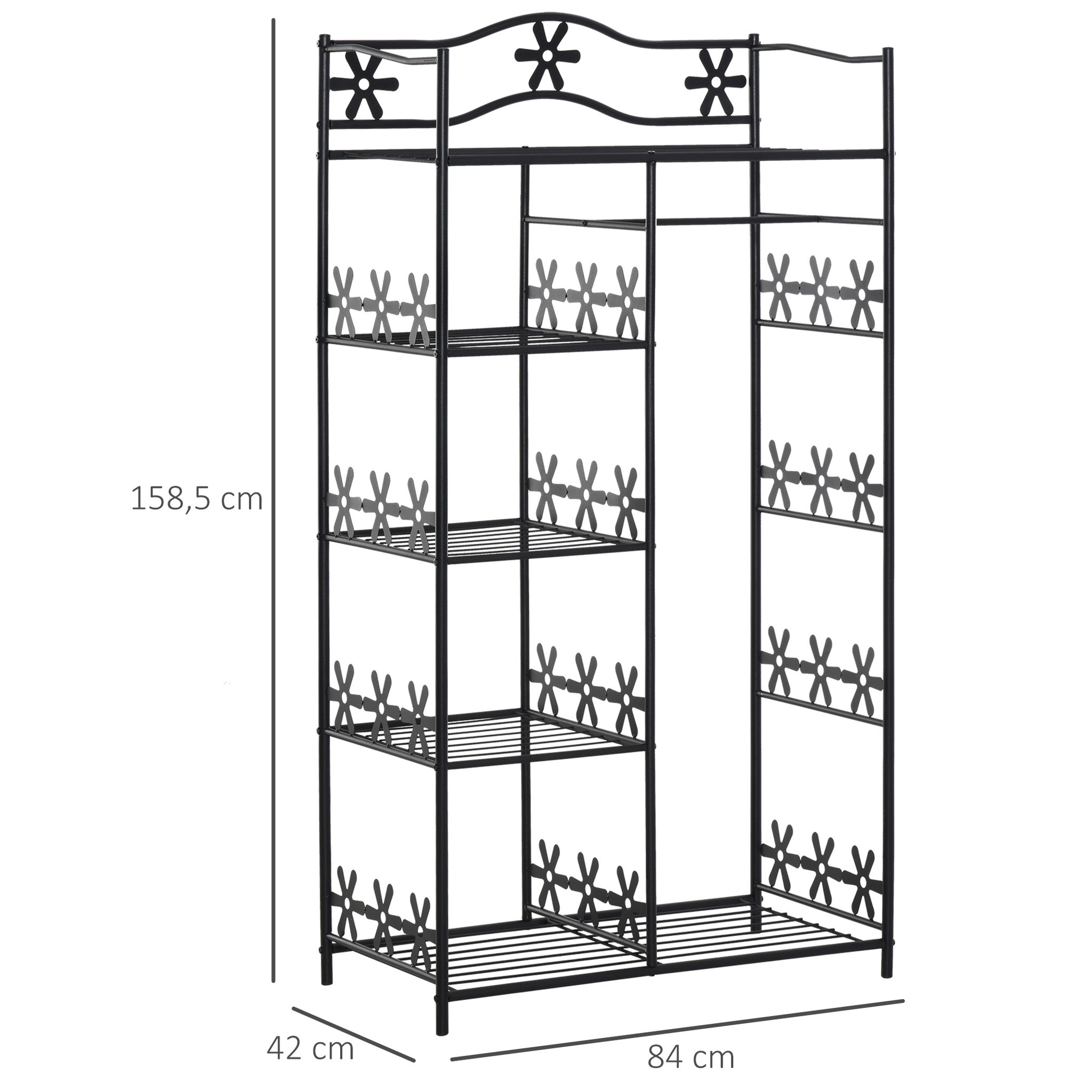 Voir la diapositive 3 : HOMCOM Armoire penderie multi-rangement - 5 étagères - dim. 84L x 42l x 158,5H cm - métal noir motif fleurs 2 rideaux blanc