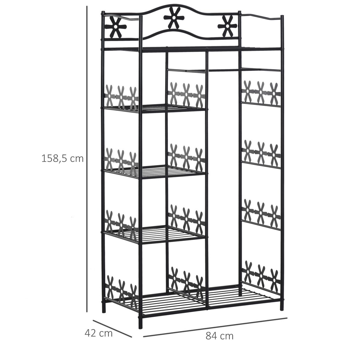 HOMCOM Armoire penderie multi-rangement - 5 étagères - dim. 84L x 42l x 158,5H cm - métal noir motif fleurs 2 rideaux blanc