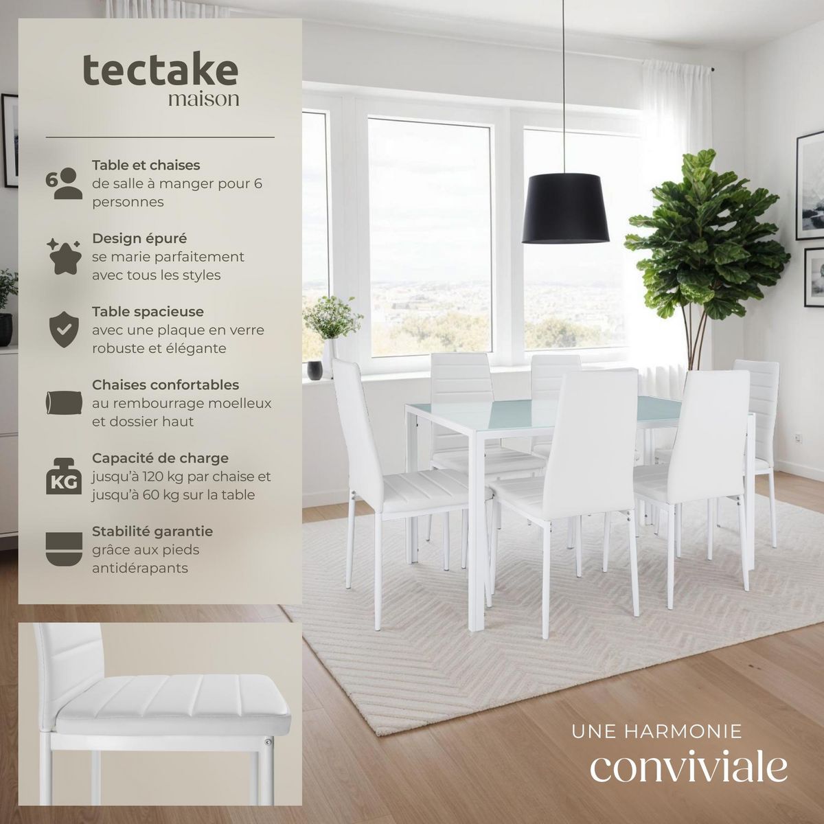 tectake Ensemble table et chaises de salle à manger rembourrées avec revêtement en cuir synthétique blanc/blanc