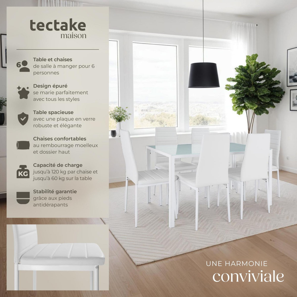 tectake Ensemble table et chaises de salle à manger rembourrées avec revêtement en cuir synthétique blanc/blanc