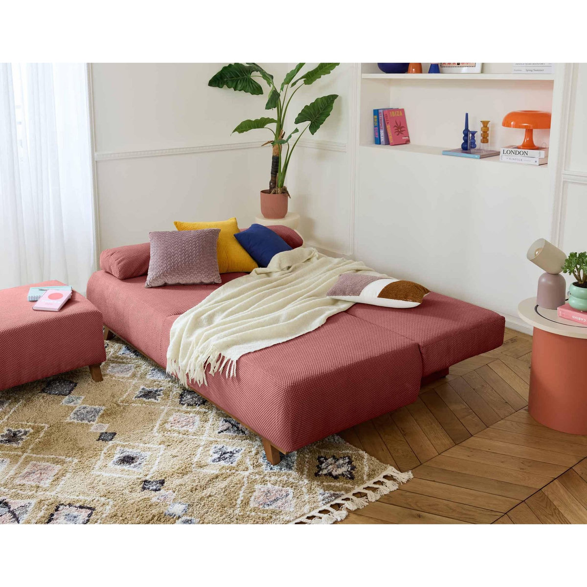 BEST MOBILIER Cristal - canapé 3 places - convertible avec coffre et pouf - en velours texturé