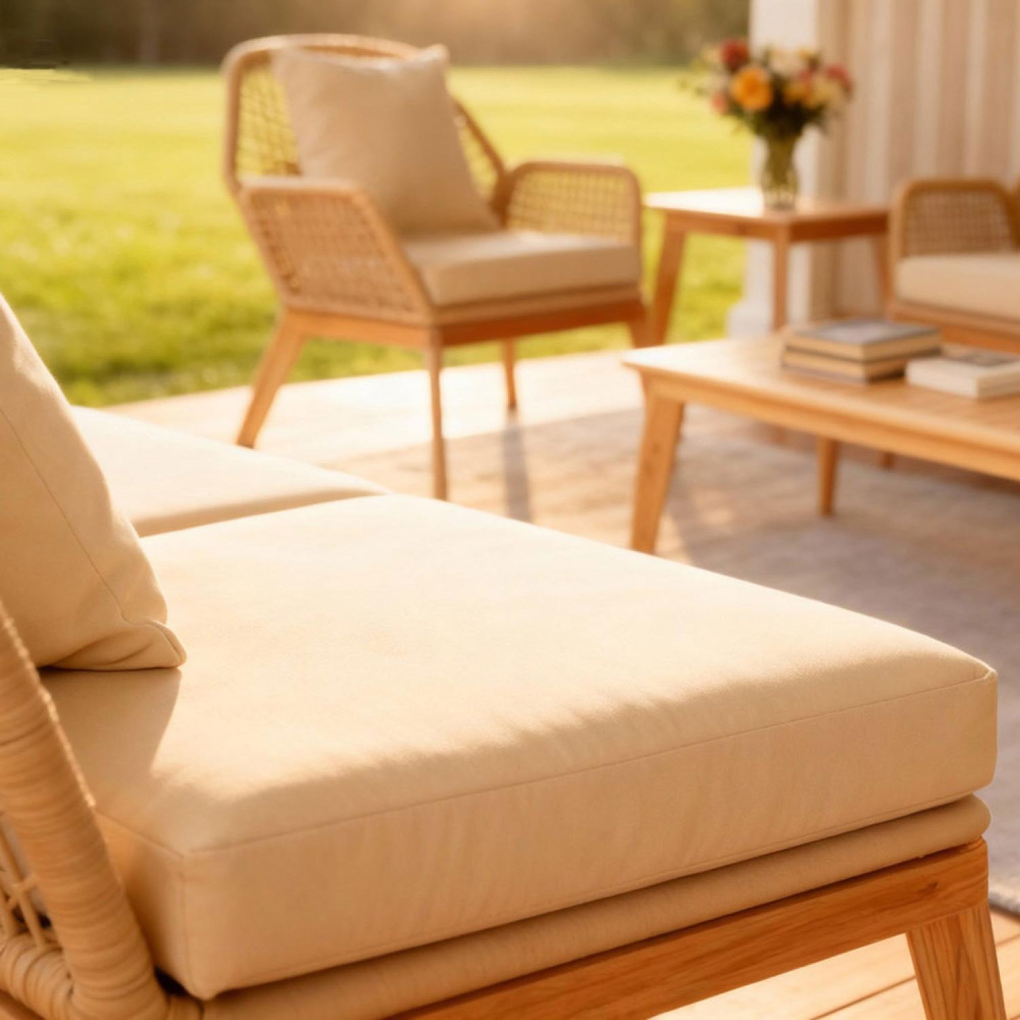 Voir la diapositive 5 : CONCEPT USINE Salon de jardin 4 places en bois avec 2 tables beige et bois rosario