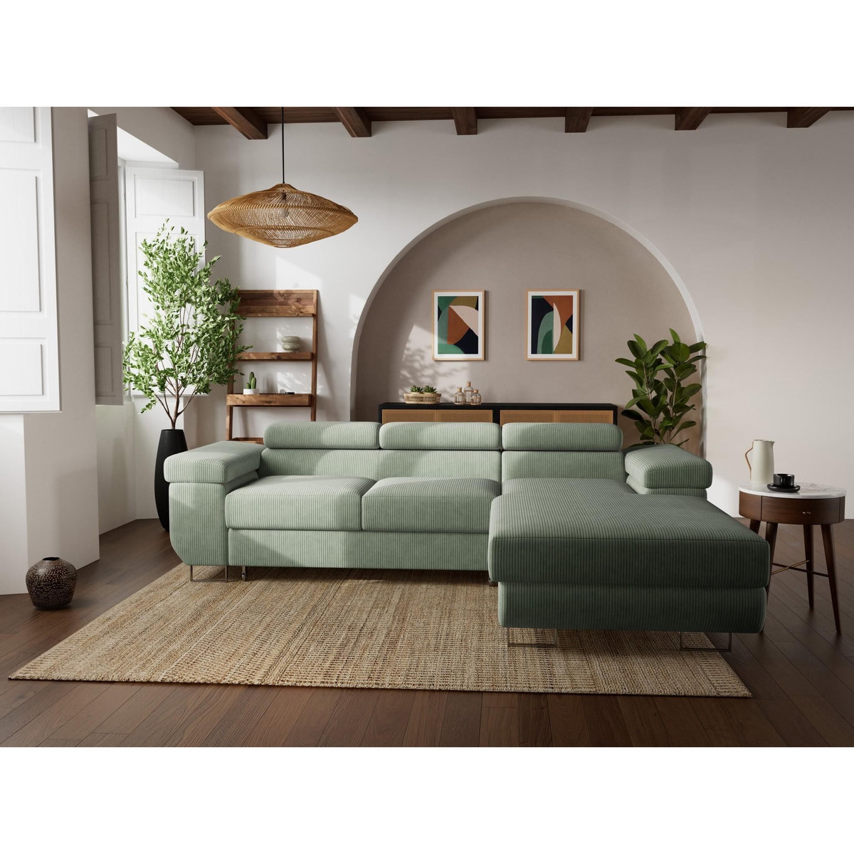 BEST MOBILIER Pablo - canapé d'angle droit - 6 places - convertible avec coffre et têtières réglables - en velours côtelé