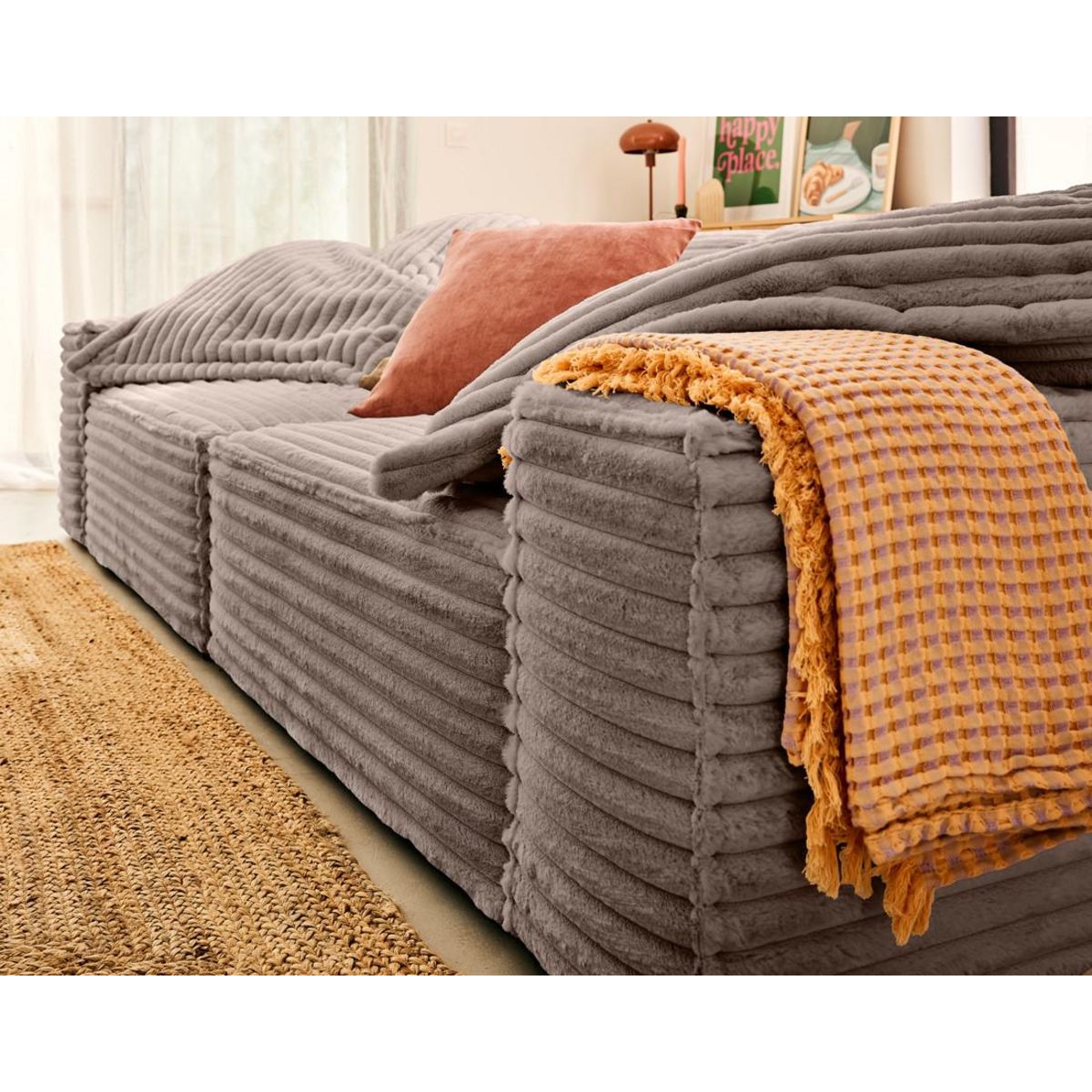 LISA DESIGN Richie - canapé droit 3 places avec double méridienne - assise profonde - en fausse fourrure côtelée