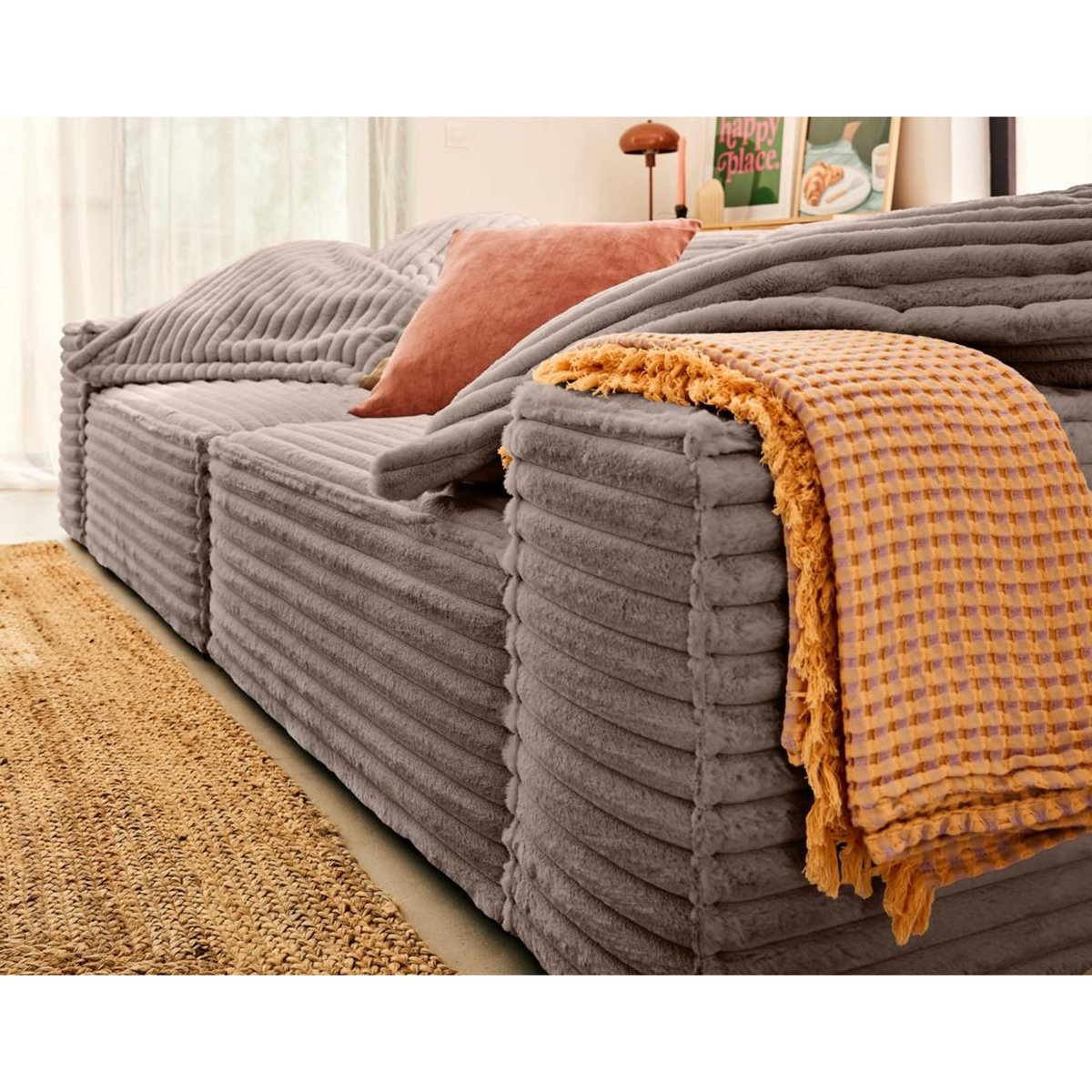 LISA DESIGN Richie - canapé droit 3 places avec double méridienne - assise profonde - en fausse fourrure côtelée