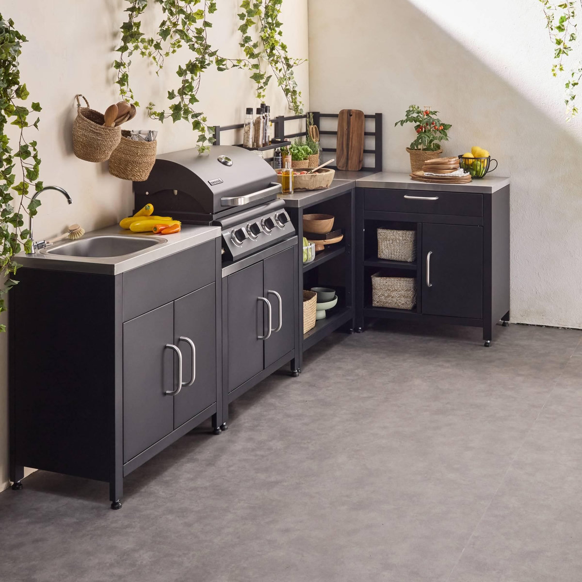 SWEEEK Cuisine extérieure 5 modules en acier inoxydable avec barbecue gaz 4 brûleurs