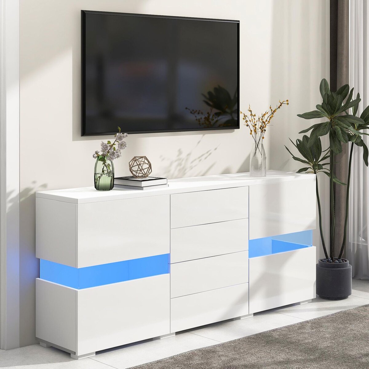 MERAX Buffet 2 porte(s) 4 tiroir(s) - 145 cm blanc led mdf