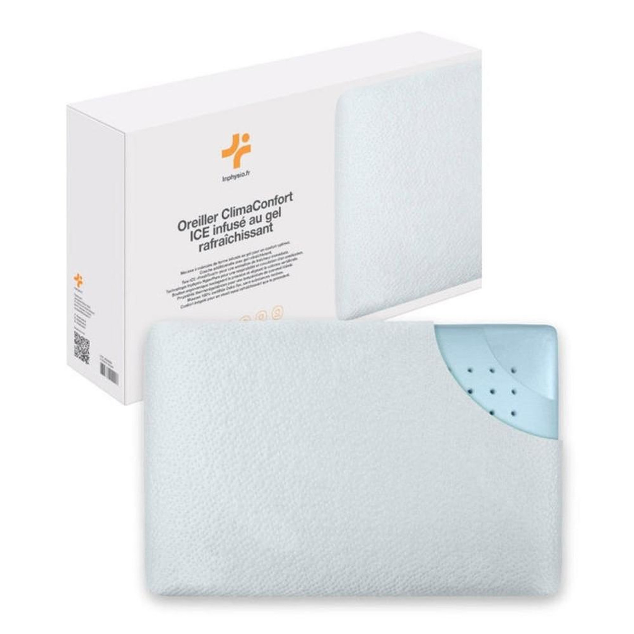 Oreiller mémoire de forme gel rafraîchissant 60x40x13 cm ClimaConfort ICE, housse amovible, support ergonomique blanc