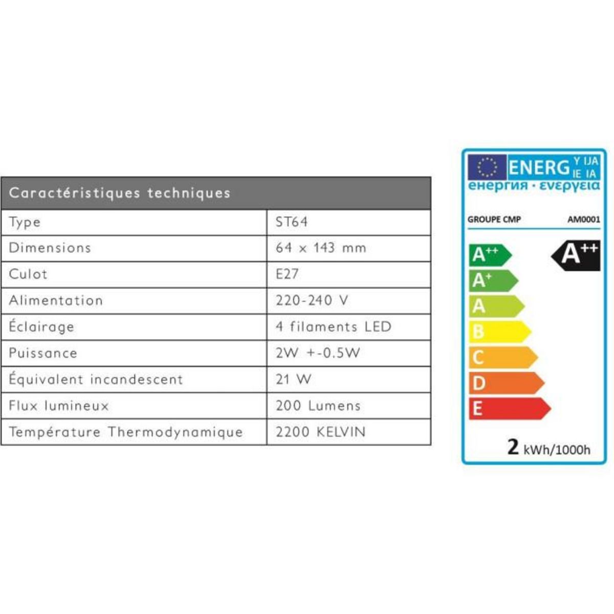 Paris Prix Ampoule ST64 Filaments LED  Droit  2W Transparent