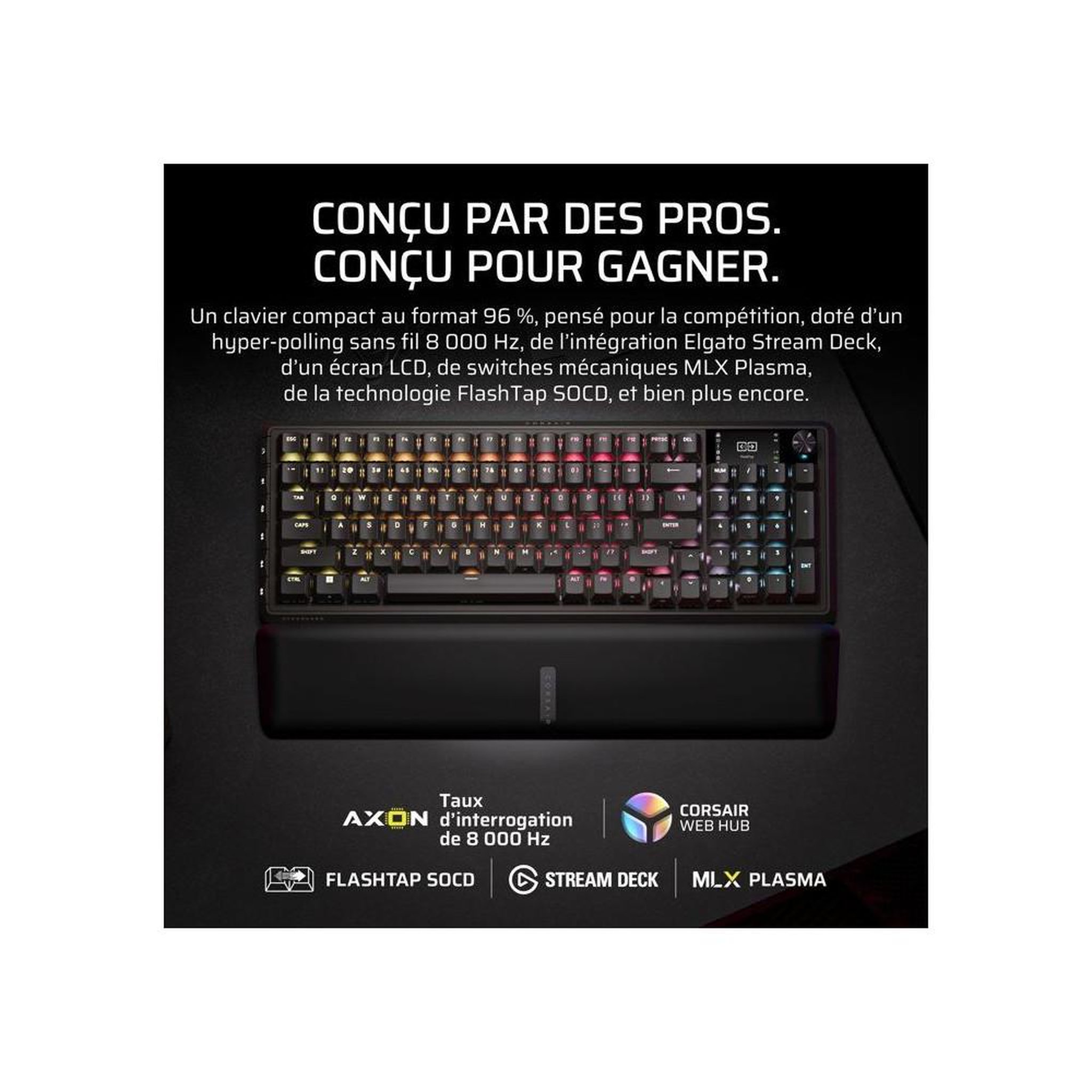 Voir la diapositive 2 : Corsair Clavier gamer mécanique sans fil 96% AZERTY noir MLX Plasma hot-swap avec écran LCD, per-key RGB 16,8 M et molette, tri-mode 2,4 GHz Bluetooth USB-C