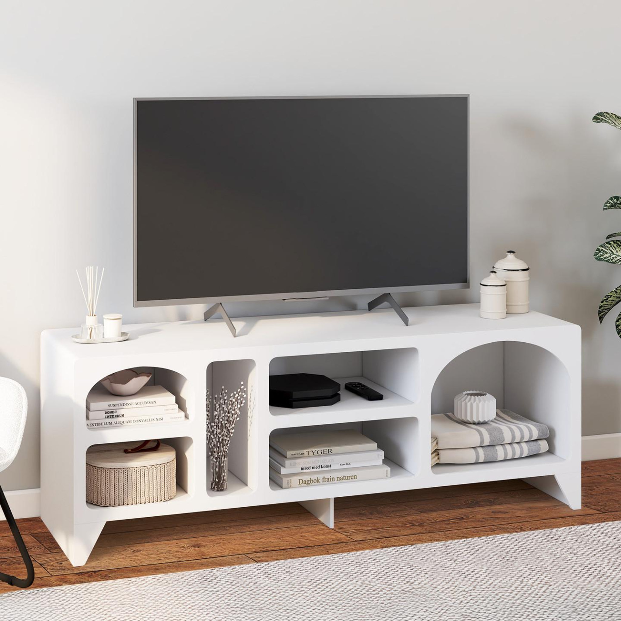 Voir la diapositive 2 : ID MARKET Meuble tv 140 cm organique alesia 6 niches bois blanc